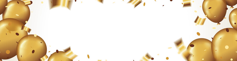 Horizontal banner with golden balloons, confetti and serpentine isolated with empty space for text 