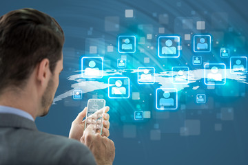 Man holding futuristic smart phone and calling his friends