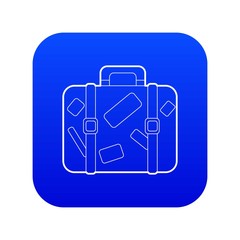 Travel suitcase with stickers icon blue vector isolated on white background