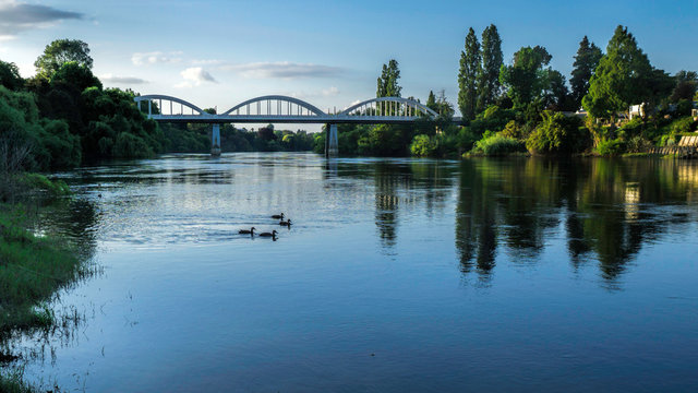 Looking down the Waikato River in Hamilton city to the Fairfield  Bridge 