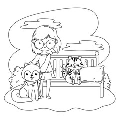 Girl with cat and dog cartoon design