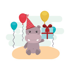 cute hippo with gift box in landscape
