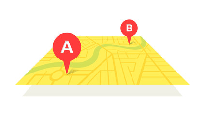 City street map plan with GPS pins and navigation route from A to B point markers. Vector yellow color perspective view isometric illustration schema