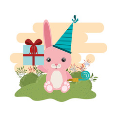 cute rabbit with gift box in landscape