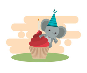 cute elephant with cake of happy birthday