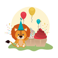 Obraz na płótnie Canvas cute lion with cake of happy birthday