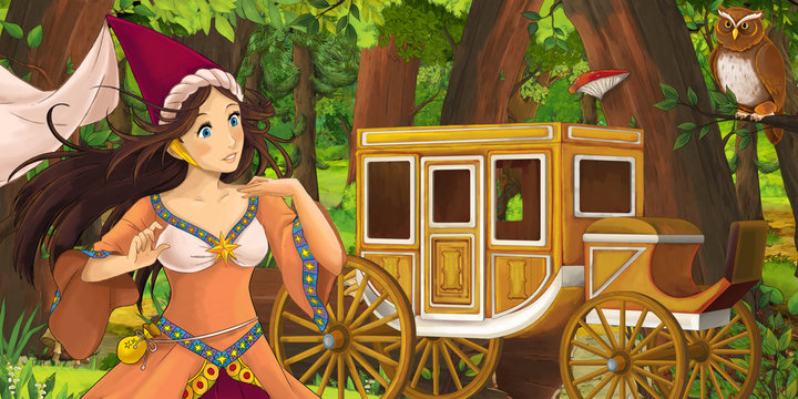 cartoon scene with happy young girl princess sorceress in the forest near wooden chariot encountering pair of owls flying - illustration for children