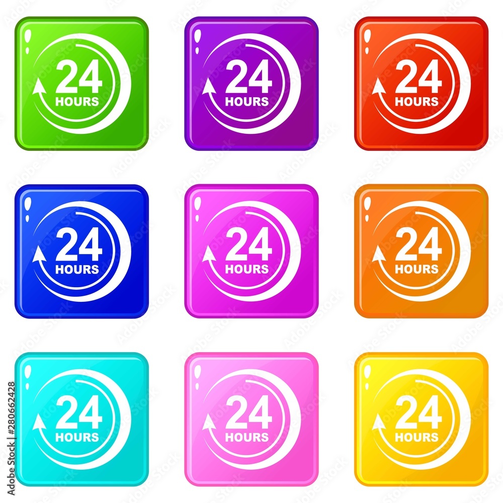 Poster 24 hours support icons set 9 color collection isolated on white for any design