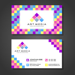 Colorful Business card template, abstract crystal pink square background. Vector illustration for modern cute romantic design. Polygonal texture. With icons of contacts.