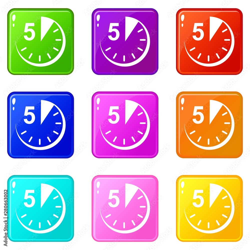 Poster 5 minutes icons set 9 color collection isolated on white for any design