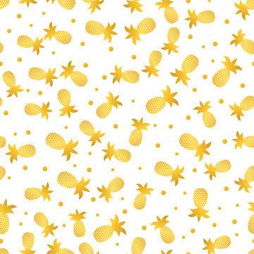 Seamless pattern with gold pineapple on white background. Golden tropical fruit vector illustration.  Easy to edit template for logo design, poster, banner, invitation, flyer, clothes, etc.