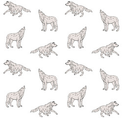 Vector seamless pattern of gray hand drawn doodle sketch wolf isolated on white background