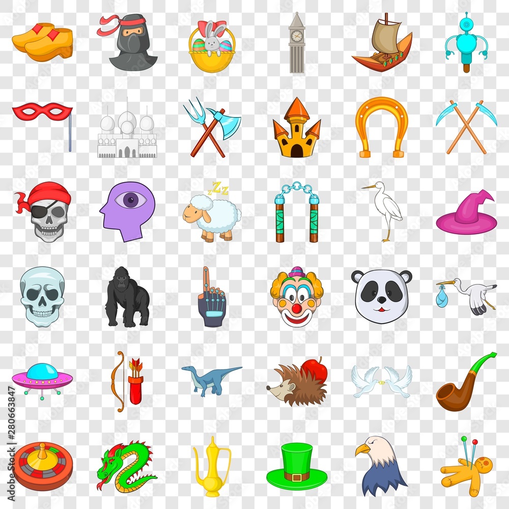 Poster voodoo icons set. cartoon style of 36 voodoo vector icons for web for any design