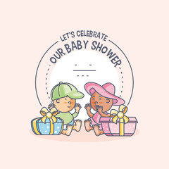 baby shower card with kids and gift boxes