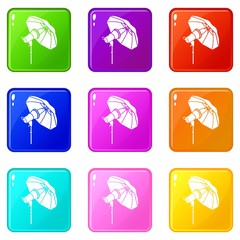 Studio flash with umbrella icons set 9 color collection isolated on white for any design