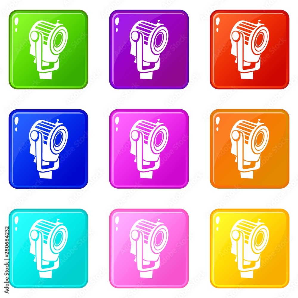 Poster floodlight icons set 9 color collection isolated on white for any design