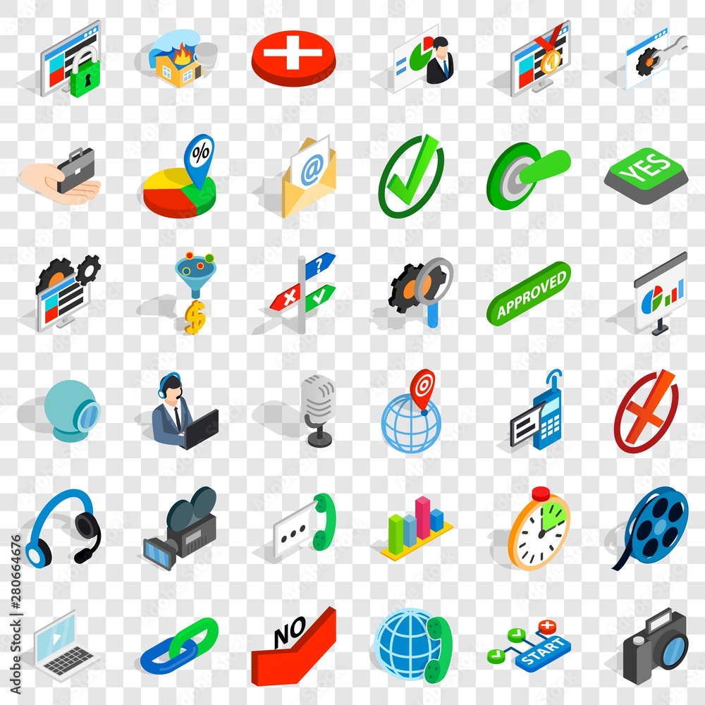 Poster question icons set. isometric style of 36 question vector icons for web for any design