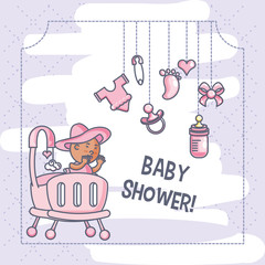 baby shower card with newborn and objects hanging