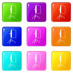 Studio light bulb in softbox icons set 9 color collection isolated on white for any design