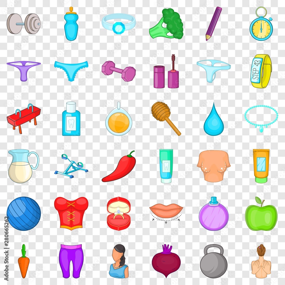 Poster broccoli icons set. cartoon style of 36 broccoli vector icons for web for any design