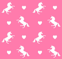 Vector seamless pattern of unicorn silhouette with hearts isolated on pastel rose pink