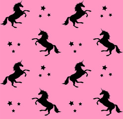 Vector seamless pattern of black unicorn silhouette with stars isolated on pink background