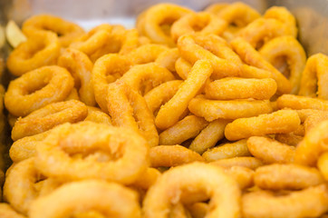 Fried ring calamares in a tray ready to be served