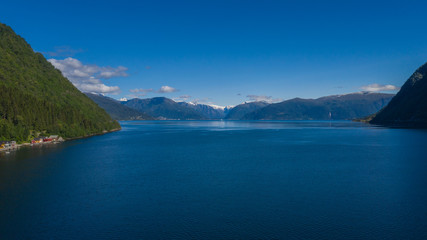 Vik, Norway - july, 2019: Vik port, Vik is a municipality in Sogn og Fjordane county. It is located on the southern shore of the Sognefjorden in the traditional district of Sogn. Aerial(drone) photo.