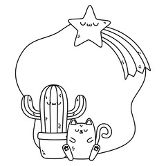 Kawaii of cactus and cat cartoon design