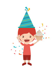 boy with party hat and cake in birthday celebration