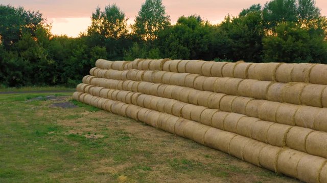 Aerial side view of the roll haystacks at sunset