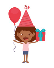 girl with party hat and helium balloon in birthday celebration