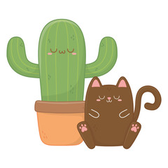 Kawaii of cat with cactus cartoon design