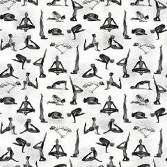 Fototapeta na wymiar Yoga Poses Collection. Watercolor seamless pattern. Black and white.