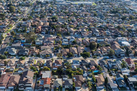 Aerial of dense residential neighborhood in Los Angeles County, California.