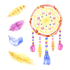 Isolated Watercolor decoration bohemian dreamcatcher. Boho feathers decoration. Native dream chic design. Mystery etnic tribal print. American culture design