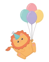 Glasschilderij Dieren met ballon Kawaii leeuw en gelukkig verjaardagsontwerp