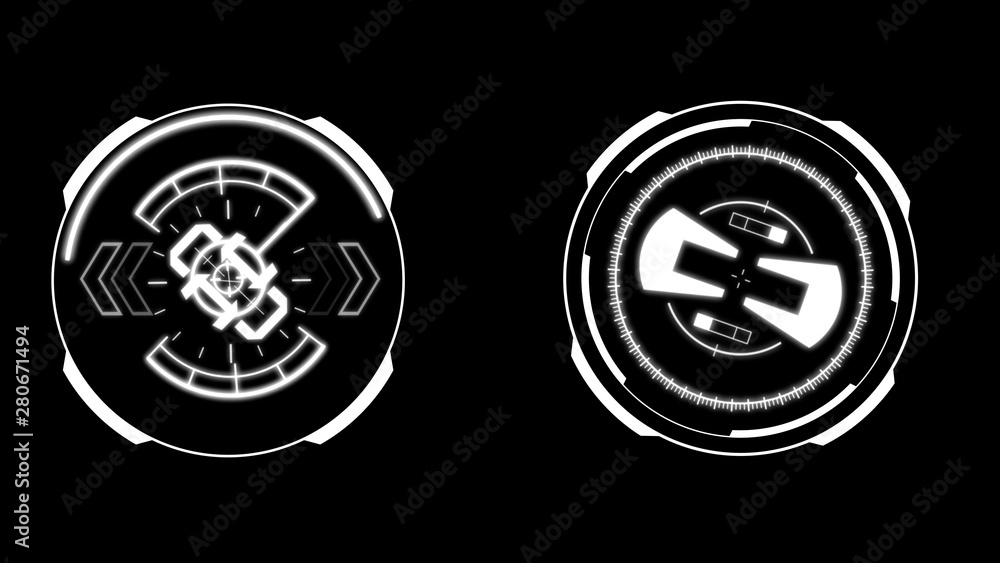 Poster HUD Futuristic Spin Crosshair Circles User Interface Target Point Monitor Concept. Abstract Rotate UI Gadget Element Hi Technology Illustration.