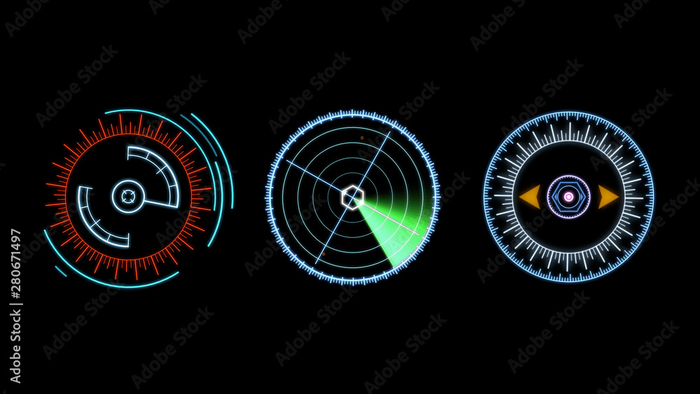 Poster HUD Futuristic Spin Crosshair Circles User Interface Target Point Monitor Concept. Abstract Rotate UI Gadget Element Hi Technology Illustration.
