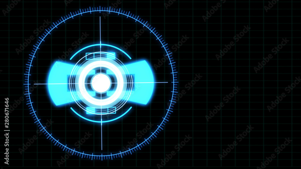Poster HUD Futuristic Spin Crosshair Circles User Interface Target Point Monitor Concept. Abstract Rotate UI Gadget Element Hi Technology Illustration.
