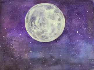 Moon in starry sky. Hand-drawn watercolor big moon silhouette in galaxy background. Purple cosmic background.