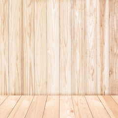 Empty wooden shelf on Wood wall texture background.