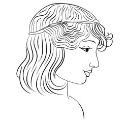 Linear drawing of the girl's profile. Her hair was coiffed. Beauty salon. white, isolated. illustration