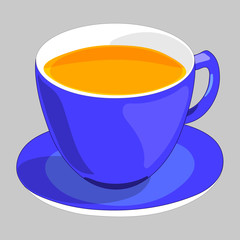 Flat drawing of a Cup and saucer . The blue mug is filled with tea. Tea party. Isolated, grey. Illustration