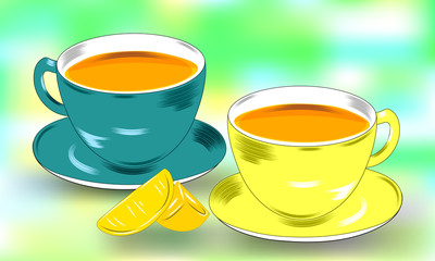 Flat drawing of a tea party. Lemon slices, still life of two cups and saucers. The mugs are filled with tea. Illustration