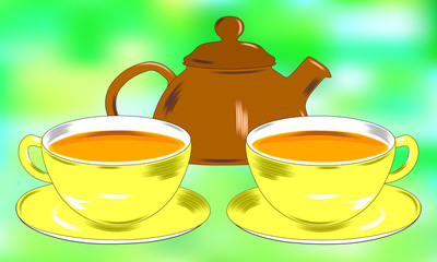 Flat drawing of a tea party .Still life of dishes, beautiful background. Teapot, Cup and saucer. The mugs are filled with tea. Illustration