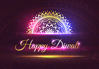 Happy Diwali design with brightly shining east ornament decoration. Beautiful mandala neon shining on purple background. Traditional and spiritual indian holiday congratulation vector illustration
