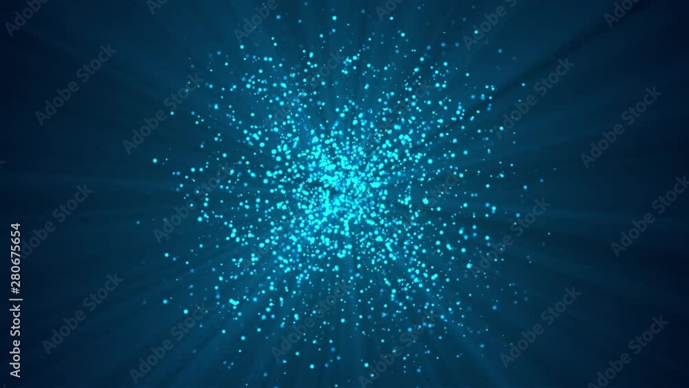 Poster many abstract small blue particles in sphere shape in space, computer generated abstract background,