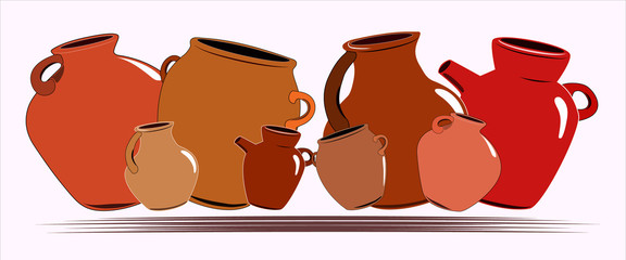 Flat drawing of ceramic jugs. Tableware for drinks. Ceramic jug. Isolated, white. Illustration