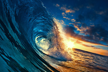 Ocean Sunset Wave, clear water in Tropical sea colorful background - obrazy, fototapety, plakaty